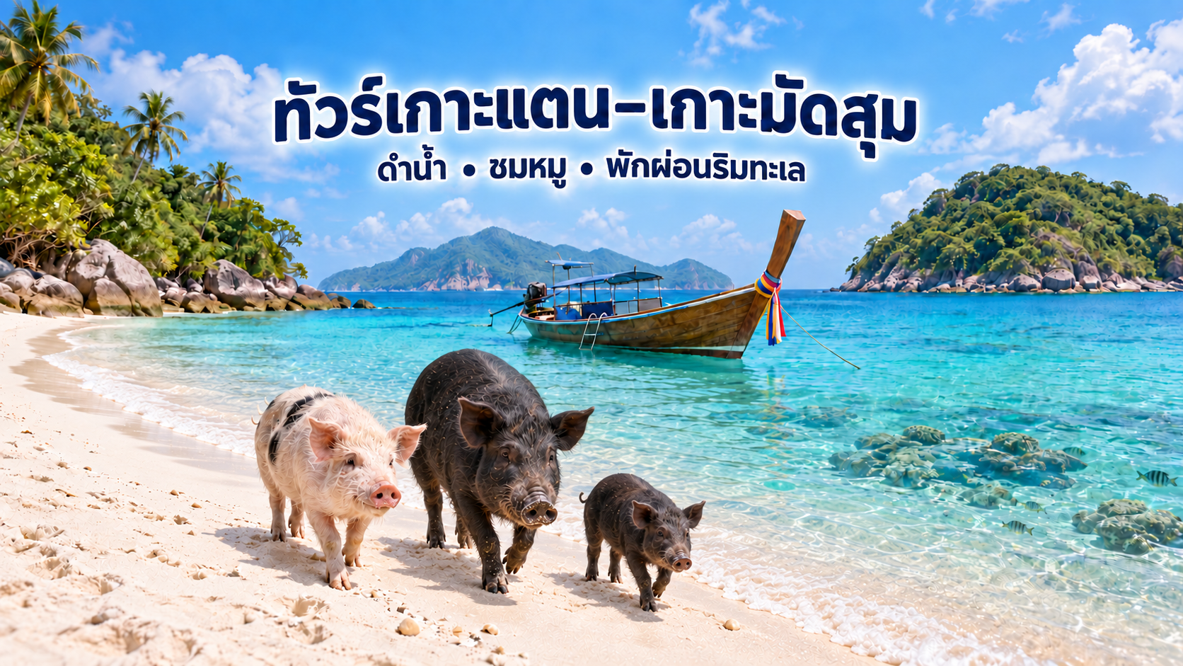 ทัวร์เกาะแตนและเกาะมัดสุม ชมหมูและลูกหมูริมชายหาด ดำน้ำชมปะการัง และเดินทางด้วยเรือหางยาวจากเกาะสมุย
